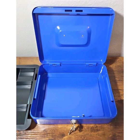 Blue Cash Box with Money Tray Storage Safe Lock Box with Key - Picture 5 of 7